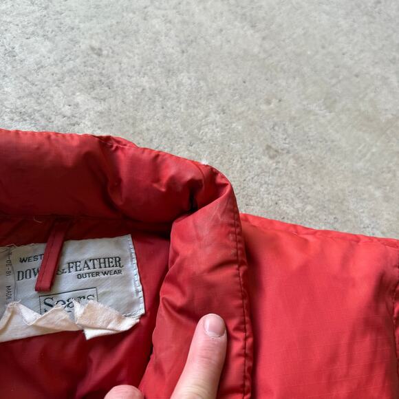 Men's Vintage 80's Sears Western Goose Down Orange Puffer Zip Up Vest Sz Large - Picture 3 of 7